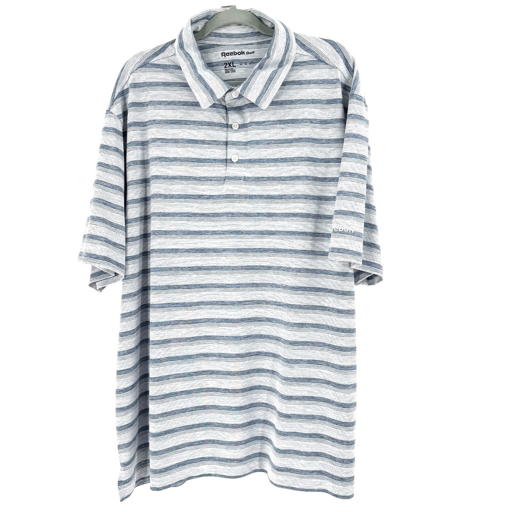 REEBOK Golf Polo Shirt Men's 2XL Blue Striped Stretch Activewear Performance